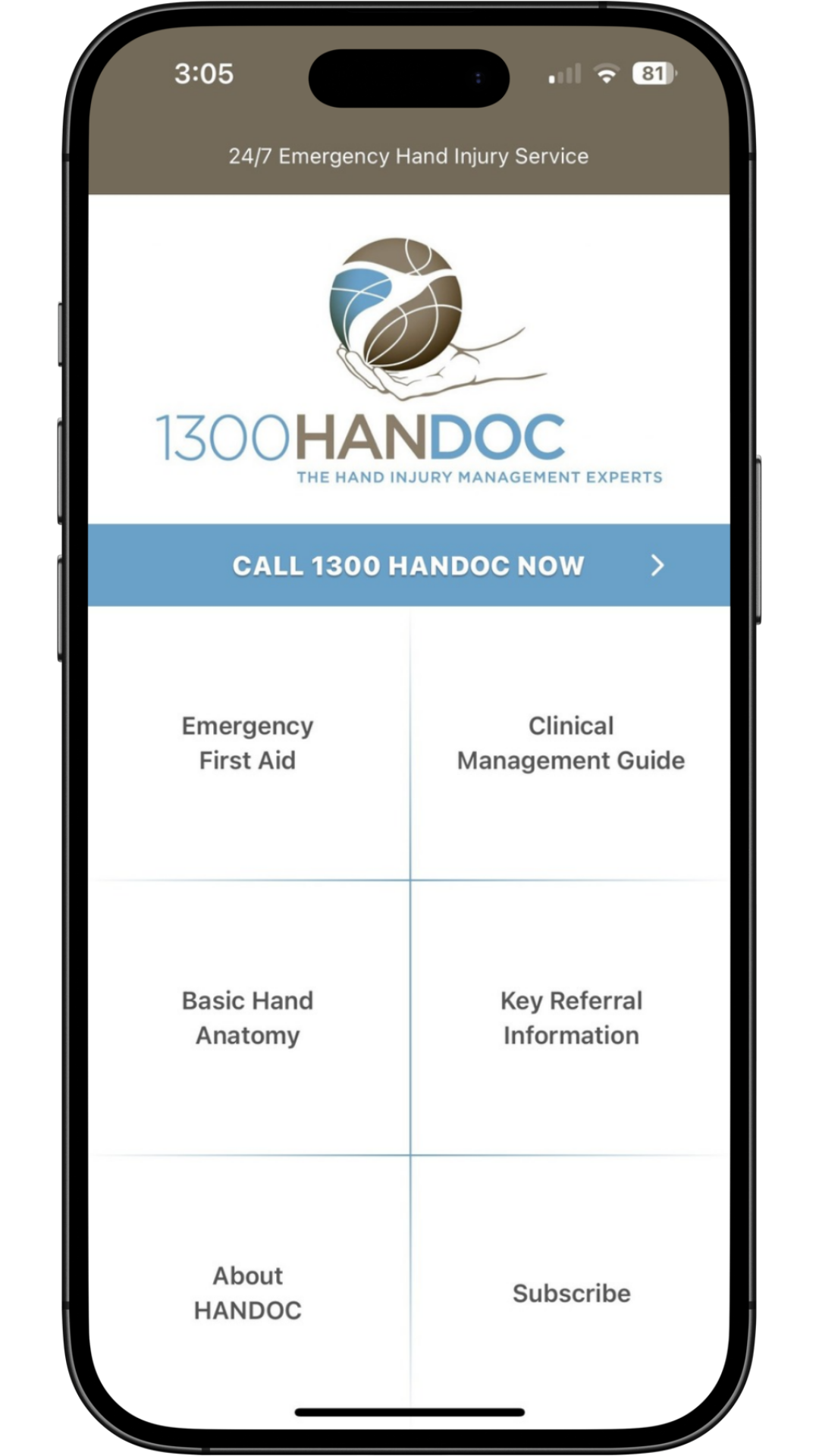 HANDOC app home screen showing emergency first aid and clinical management options