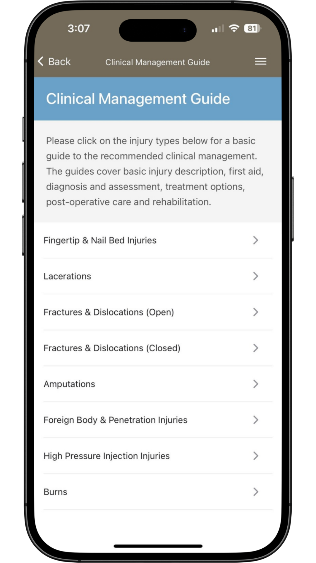 HANDOC app clinical management guide screen